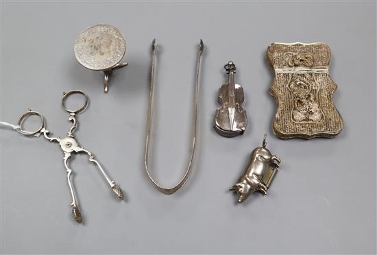 Small silver, including Georgian sugar nips, sugar tongs, Chinese card case, Chinese miniature tripod table and two plated novelties